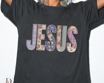Broderie artificielle de Jésus (PNG), motif floral patchwork chrétien, image de sublimation sur le thème de la foi