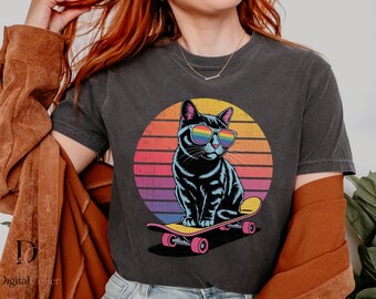 Retro Skateboard Cat PNG, Cool Black Cat Graphic, Rainbow Sunglasses Kitty Design, Vintage Cat Lover PNG, Instant Download