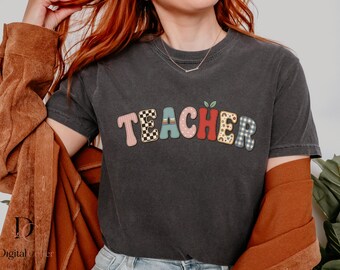 Retro Teacher PNG, Patchwork Teacher Graphic, Cute Classroom Design, Vintage School Educator PNG, Instant Download