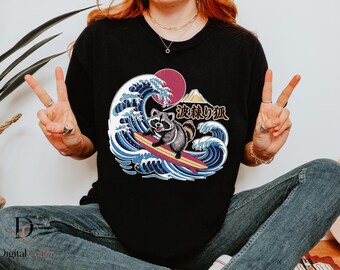 Surfing Raccoon PNG, Japanese Wave Animal Graphic, Funny Raccoon Surf Design, Retro Ocean Wildlife PNG, Instant Download
