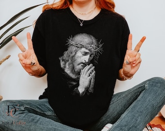 Image PNG vintage de Jésus en prière, couronne d'épines, motif chrétien, illustration pour sublimation.