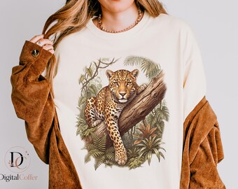 Vintage Leopard PNG, Jungle Big Cat Graphic, Retro Wildlife Illustration, Tropical Animal Design, Instant Download