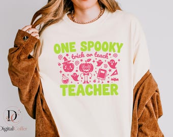 One Spooky Teacher PNG, Trick or Teach Halloween Graphic, Cute Retro Teacher Design, Classroom Halloween, Instant Download