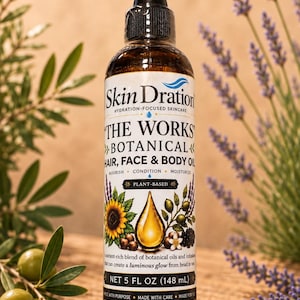 May include: A brown glass bottle of Skin Dration The Works Botanical Hair, Face & Body Oil with a black applicator cap. The label features a central oil droplet graphic, floral illustrations, and states a volume of 5 fluid ounces or 148 milliliters.