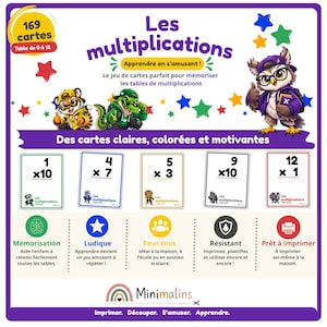 May include: A set of 169 multiplication flashcards featuring colorful cartoon characters like an owl, tiger, and crocodile. The cards display math equations from 0 to 12. The text includes 'Les multiplications', 'Apprendre en s'amusant', and 'Minimalins'.