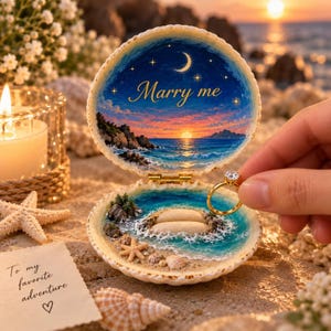 May include: A hinged seashell ring box featuring a painted sunset seascape with the text Marry me inside the lid. The base contains a miniature sandy beach scene with a ring holder. A gold ring with a clear stone is held near the open box.