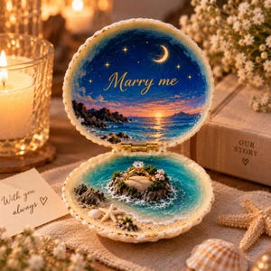 Könnte beinhalten: Eine dekorative Muschel-Ringbox mit einem gemalten Sonnenuntergangs-Meereslandschaft-Motiv und dem Text Marry me im Deckel. Der Boden enthält eine Miniatur-Insel-Szene mit einem Goldring auf einem zentralen Felsen, umgeben von blauem Wasser.