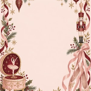 Könnte beinhalten: Ein dekorativer rechteckiger Rahmen mit weihnachtlichem Motiv, bestehend aus einer großen roten Schleife oben, einem Nussknacker, einer Ballerina-Spieluhr, rosa Ballettschuhen, Weihnachtssternen, Tannenzweigen, roten Beeren und Christbaumschmuck.