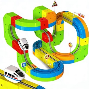 May include: A multi-colored toy train track set featuring modular segments in bright green, blue, yellow, and red. The track includes a metallic rail path, two white and blue bullet-style toy trains, and several small road signs with various symbols.