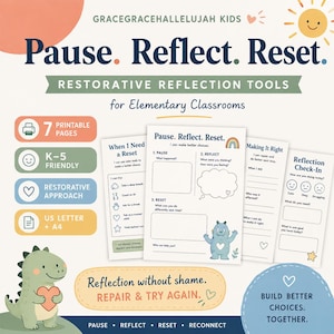 Puede incluir: Un conjunto de siete páginas educativas imprimibles tituladas Pause. Reflect. Reset. Restorative Reflection Tools for Elementary Classrooms. Las páginas incluyen ejercicios para que los niños procesen sus emociones con un monstruo azul.