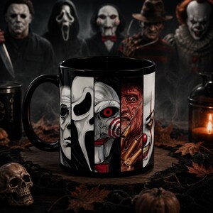 Mug de film d'horreur | Céramique noire, visages à contraste élevé (325 ml/445 ml)