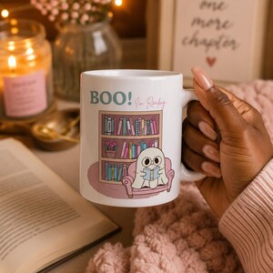 Ghost Reading Mug | Bookish Halloween Coffee Cup (11 oz Ceramic)