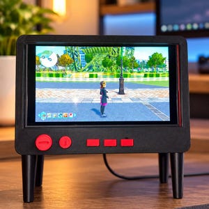 May include: A black, rectangular, television-shaped monitor stand with four legs, featuring a screen displaying a video game character in a park setting. The front panel includes two circular red knobs and three rectangular red buttons.