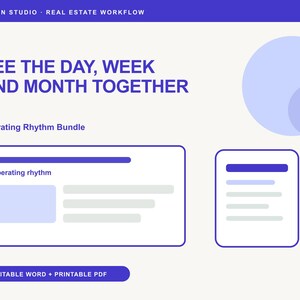 Könnte beinhalten: Eine digitale Dokumentvorlage mit dem Titel Tenen Studio Real Estate Workflow Operating Rhythm Bundle. Die Grafik enthält den Text See the day, week and month together, Symbole für ein horizontales und vertikales Layout sowie eine Schaltfläche mit der Aufschrift Editable Word + Printable PDF.
