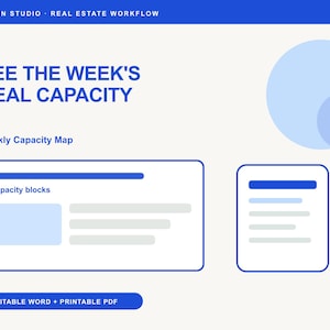 May include: A digital template titled Tenen Studio Real Estate Workflow featuring the text See The Week's Real Capacity and Weekly Capacity Map. The layout includes blue outlined boxes, capacity blocks, and a button labeled Editable Word + Printable PDF.
