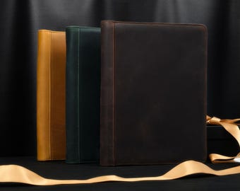 Personalized Vintage Real Leather Portfolio, A4 Letter Size Crazy Horse Padfolio Custom Engraved Zippered Business Organizer Gift