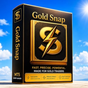 May include: A black rectangular software box labeled Gold Snap with gold text and a central gold dollar sign icon featuring a lightning bolt. The box includes the text Fast. Precise. Powerful. Made for Gold Traders and MT5 Expert Advisor.