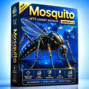 May include: A rectangular software box for Mosquito MT5 Expert Advisor Version 1.3. The box features a metallic, mechanical mosquito graphic against a blue digital world map background. Text includes "Smart Entry Precision," "High Accuracy," "Risk Management," "Fast Execution," and "Maximize Profit."