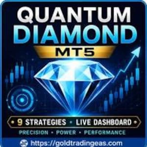 May include: A square graphic featuring a large, glowing blue diamond at the center. Text reads QUANTUM DIAMOND MT5, 9 STRATEGIES, LIVE DASHBOARD, PRECISION, POWER, PERFORMANCE, and the URL https://goldtradingeas.com, with blue financial charts.