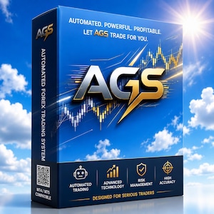Può includere: Una scatola rettangolare blu per il sistema di trading forex automatizzato AGS. Il fronte presenta il testo AGS, una grafica a fulmine dorato e un grafico azionario. Le icone in basso rappresentano trading automatizzato, tecnologia, rischio e precisione.
