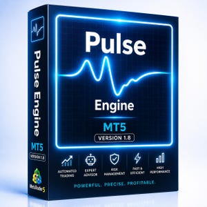 Può includere: Una scatola software rettangolare per Pulse Engine MT5 Version 1.8. La confezione blu scuro presenta una linea di impulso blu neon brillante, il testo Pulse Engine e icone per trading automatizzato, expert advisor e prestazioni.