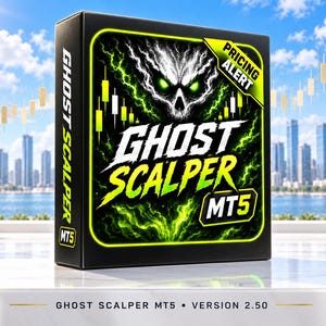 Op de afbeelding: Een zwarte rechthoekige doos met het label Ghost Scalper MT5 en een neon-groene afbeelding van een schedel omringd door bliksemeffecten. De doos heeft een geel Pricing Alert label en de tekst Ghost Scalper MT5 Version 2.50 onderaan.