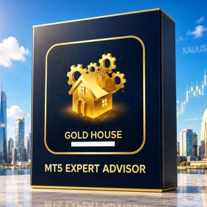 Pode incluir: Uma caixa retangular azul-escura com um ícone de casa dourada e engrenagens acima. O texto diz GOLD HOUSE e MT5 EXPERT ADVISOR. A caixa está posicionada diante de um horizonte urbano com um gráfico financeiro exibindo XAUUSD no canto superior.