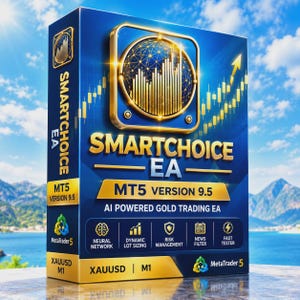 May include: A blue and gold rectangular software box labeled SMARTCHOICE EA MT5 VERSION 9.5. The front features a globe icon with a bar graph, AI POWERED GOLD TRADING EA text, and icons for neural network, lot sizing, risk management, news, and testing.