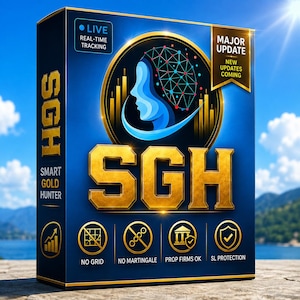 Può includere: Una scatola software rettangolare blu etichettata SGH Smart Gold Hunter con scritte dorate. Il fronte presenta un grafico a rete simile a un cervello, una silhouette di profilo e icone per il monitoraggio live, no grid e protezione sl.