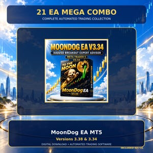 Pode incluir: Uma exibição de produto digital para a coleção de trading automatizado 21 EA Mega Combo. A caixa central mostra Moondog EA V3.34 XAUUSD Breakout Expert Advisor com um gráfico de cão, o texto To The Moon e um gráfico de ações verde.