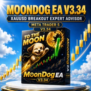 May include: A rectangular box for Moondog EA V3.34 XAUUSD Breakout Expert Advisor for Meta Trader 5. The box features a cartoon puppy wearing a cape, the text TO THE MOON, a golden moon, and a green upward-trending candlestick chart graphic.