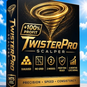 May include: A black rectangular box featuring a gold tornado graphic and the text TwisterPro Scalper. The box displays +100% Profit, XAUUSD, No Grid, 2 Modes, Prop Firm Ready, 6 Months Live Signal, MT5 Expert Advisor, and Precision Speed Consistency.