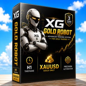May include: A black rectangular software box for XG Gold Robot, an advanced trading system. The box features a white robotic figure, gold bars, and text including XG Gold Robot, 3 Years Support, H1 Timeframe, and XAUUSD Gold Only.