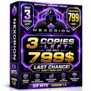 May include: A rectangular product box for Nexorion Initium Novum EA MT5 software. The dark purple and black design features a hooded figure, lightning effects, and text including 3 COPIES LEFT, 799 USD, LAST CHANCE, and institutional algorithmic precision.