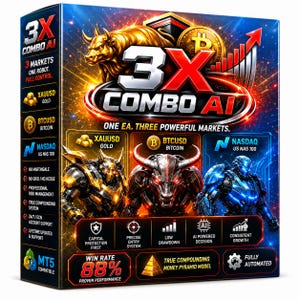 May include: A rectangular product box for 3X COMBO AI software featuring a golden bull, a Bitcoin symbol, and a red upward trending arrow. The design includes three robotic figures, text labels for XAUUSD, BTCUSD, and NASDAQ, and a win rate of 88%.