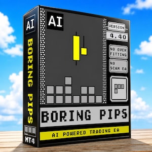 May include: A rectangular software box labeled Boring Pips with AI Powered Trading EA text. The black and gray design features pixelated graphics, a yellow candlestick chart icon, version 4.40, and text boxes stating No Over Fitting and No Scam EA.