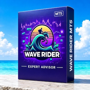 Può includere: Una scatola rettangolare blu scuro con l'etichetta Wave Rider Expert Advisor MT5. La parte anteriore presenta un grafico circolare di una persona a cavallo su una grande onda con un tramonto, circondato da linee di grafici finanziari.