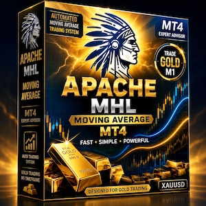 May include: A rectangular box for the Apache MHL automated moving average trading system for MT4. The design features a gold Native American headdress icon, gold bars, and text including "Trade Gold M1", "Fast, Simple, Powerful", and "XAUUSD".