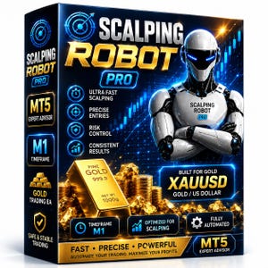 May include: A rectangular product box for Scalping Robot Pro, featuring a white and black robotic figure, a gold bar labelled Fine Gold 999.9 1000g, and text including MT5 Expert Advisor, XAUUSD Gold/US Dollar, Ultra Fast Scalping, and Fully Automated.