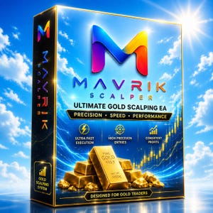 Può includere: Una scatola di prodotto rettangolare con il testo MAVRIK SCALPER ULTIMATE GOLD SCALPING EA. Il design include un grande logo M colorato, lingotti d'oro e grafici finanziari su uno sfondo di cielo blu con nuvole e luce solare brillante.