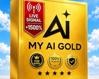 May include: A rectangular gold box featuring the text MY AI GOLD in black. A red shield icon displays the text LIVE SIGNAL +1500%. Three circular gold badges show the text TOP RATED, 100% TRUSTED, and a checkmark. Five black stars are at the bottom.