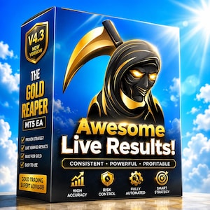 May include: A rectangular blue box featuring a gold reaper illustration with glowing eyes and a scythe. Text includes V4.3 NEW VERSION, THE GOLD REAPER, MT5 EA, Awesome Live Results!, CONSISTENT, POWERFUL, PROFITABLE, and GOLD TRADING EXPERT ADVISOR.