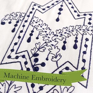 May include: Close-up of a white fabric with a blue embroidered design. The design features a geometric pattern with floral elements. The text "Machine Embroidery" is visible on a green ribbon.