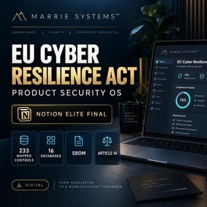 May include: A digital dashboard for the EU Cyber Resilience Act Product Security OS displayed on a laptop screen. The interface shows compliance progress, mapped controls, databases, and SBOM data. The branding includes Marrie Systems and Notion Elite Final text on a dark background.