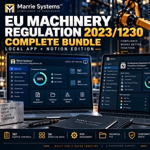 Könnte beinhalten: Ein digitales Produktpaket für die EU-Maschinenverordnung 2023/1230 mit zwei Laptops, die Compliance-Software-Oberflächen anzeigen, einem Notizbuch und einem Stift. Die Grafik enthält Textüberlagerungen, industrielle Bilder und Symbole.