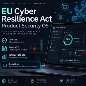 May include: A laptop displaying a Product Security OS dashboard for the EU Cyber Resilience Act. The screen shows metrics, compliance progress, and vulnerability data. Text includes "EU Cyber Resilience Act," "Product Security OS," and "Local App."