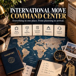 May include: An International Move Command Center digital planner template featuring a world map, passport, compass, and checklist. Text includes 'INTERNATIONAL MOVE COMMAND CENTER', 'Everything in one place', 'Plan, Pack, Ship, Clear Customs, Settle In'.