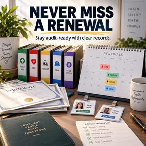 May include: A desk display featuring binders labeled First Aid, CPR, Forklift, OSHA, and Food Safety, a calendar with renewal stickers, two employee ID badges for Sarah Miller and James Carter, certificates, and a training workflow checklist.