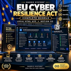 Op de afbeelding: Een digitaal productpakket voor de EU Cyber Resilience Act met een laptop en tablet die compliance-dashboards tonen, een naslagwerk en tekstoverlays met details over lokale HTML-app- en Notion OS-tools voor risicobeheer.