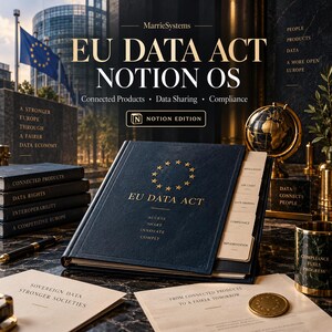 Op de afbeelding: Een donkerblauw, in leer gebonden boek getiteld EU DATA ACT met een gouden sterrencirkel-embleem. Het boek bevat interne tabbladen met de labels Regulation, Use Cases, Data Sharing, Compliance en Implementation op een donker marmeren oppervlak.